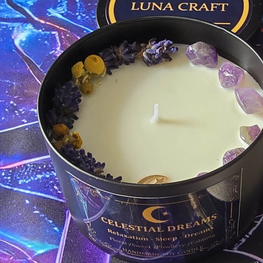 Celestial Dreams ritual bundle candle with amethyst cluster and dried lavender