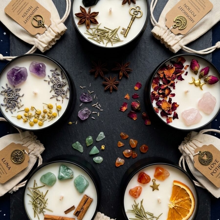 LunaCraft Ritual Bundle Candle Collection - five handmade soy candles with crystal and herb ritual bundles