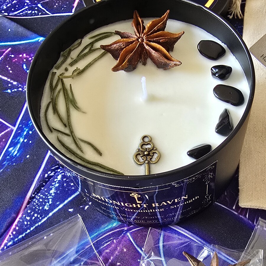 Midnight Raven ritual bundle candle with black obsidian, star anise and rosemary
