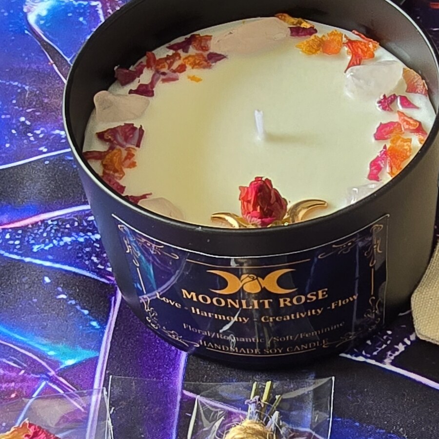 Moonlit Rose ritual bundle candle with rose quartz and dried rose petals
